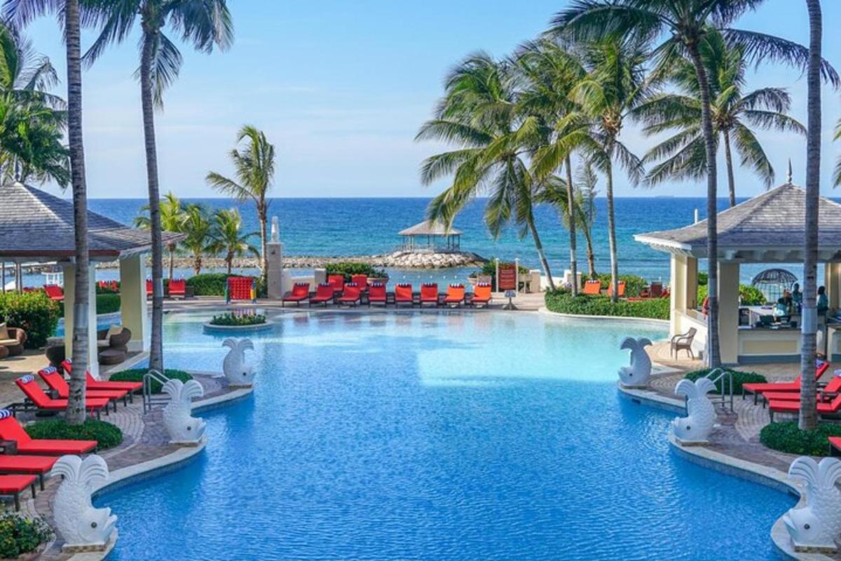 a pool at a resort with palm trees and chairs