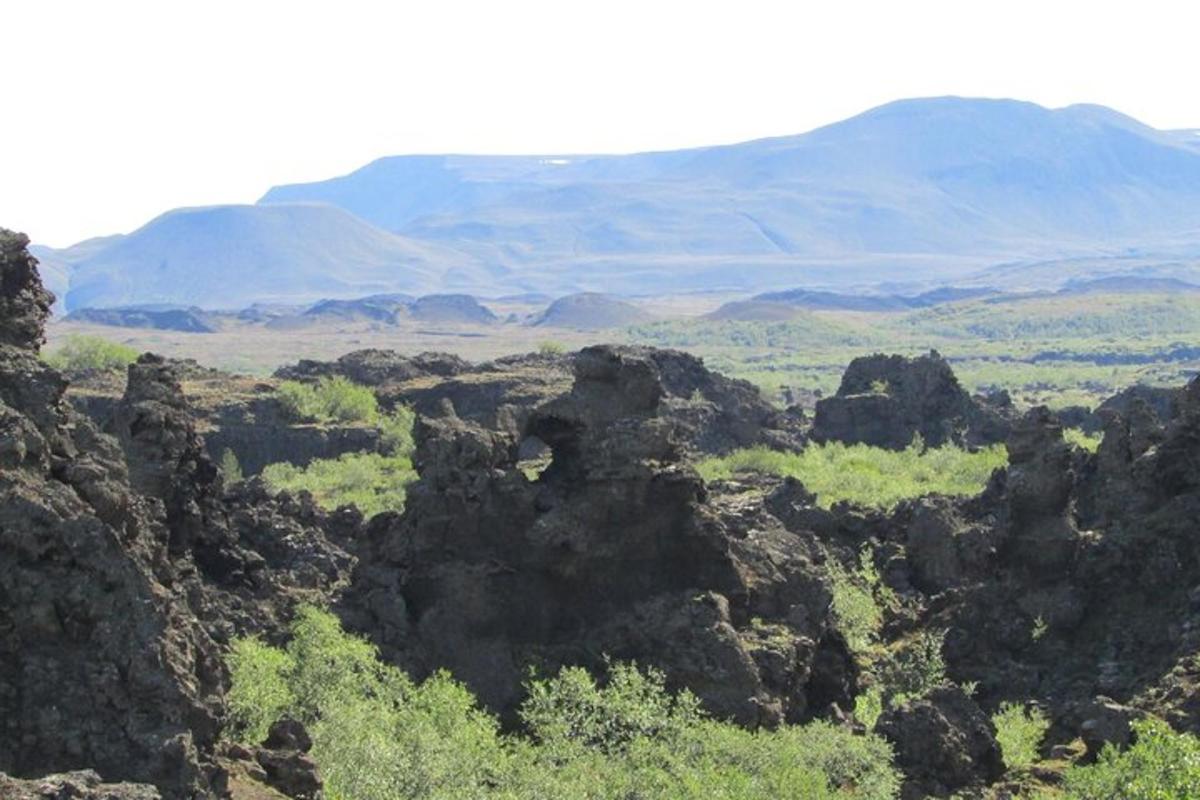 uma vista de um campo rochoso com montanhas ao fundo