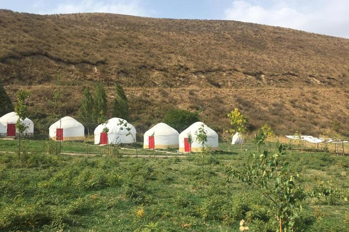 μια ομάδα από άσπρες σκηνές σε ένα χωράφι με λόφο