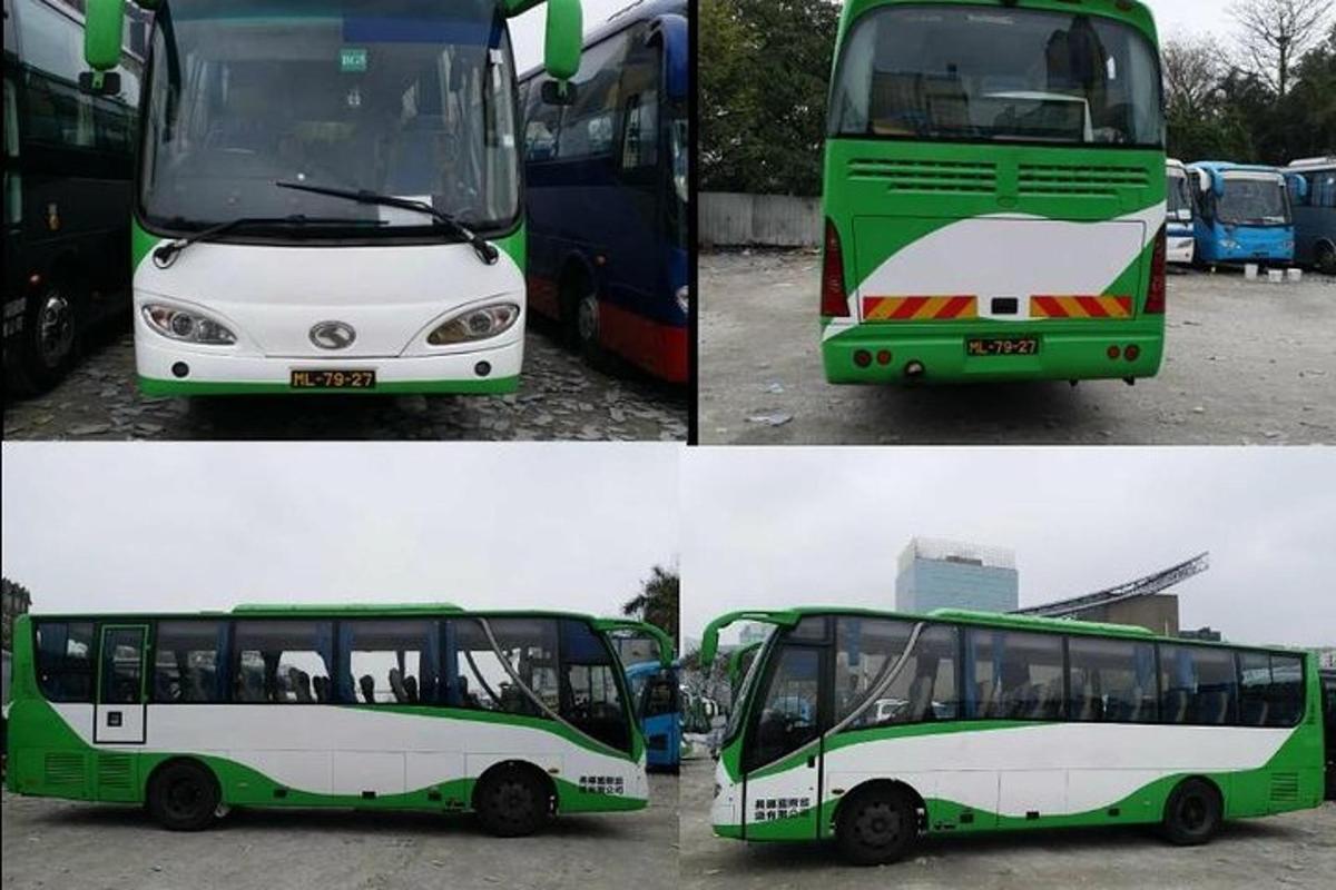 ein grün-weißer Bus auf einem Parkplatz