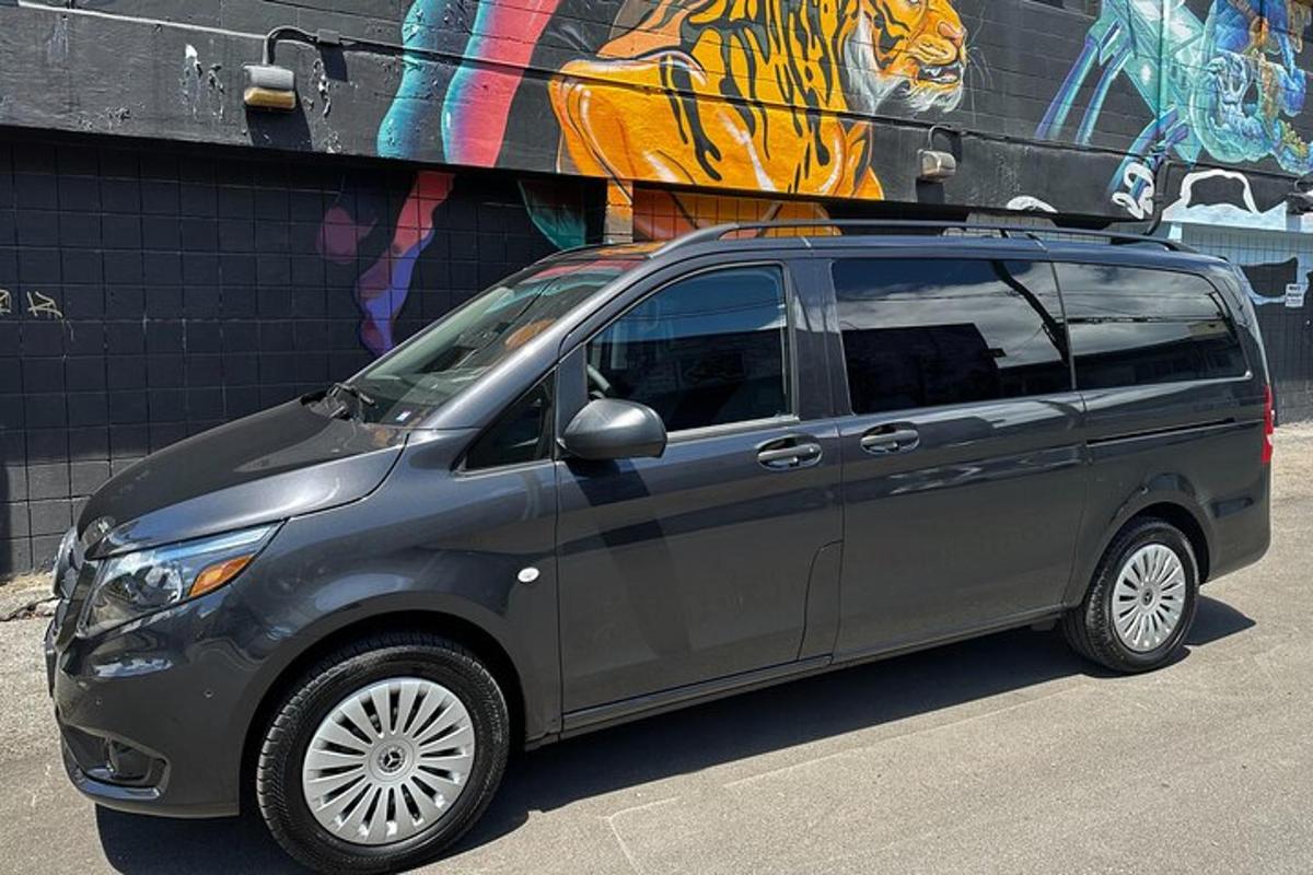 un minivan argentato parcheggiato davanti a un muro