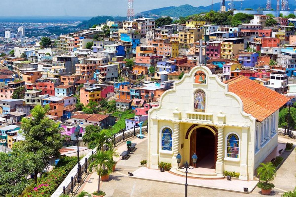 a view of a city with a church