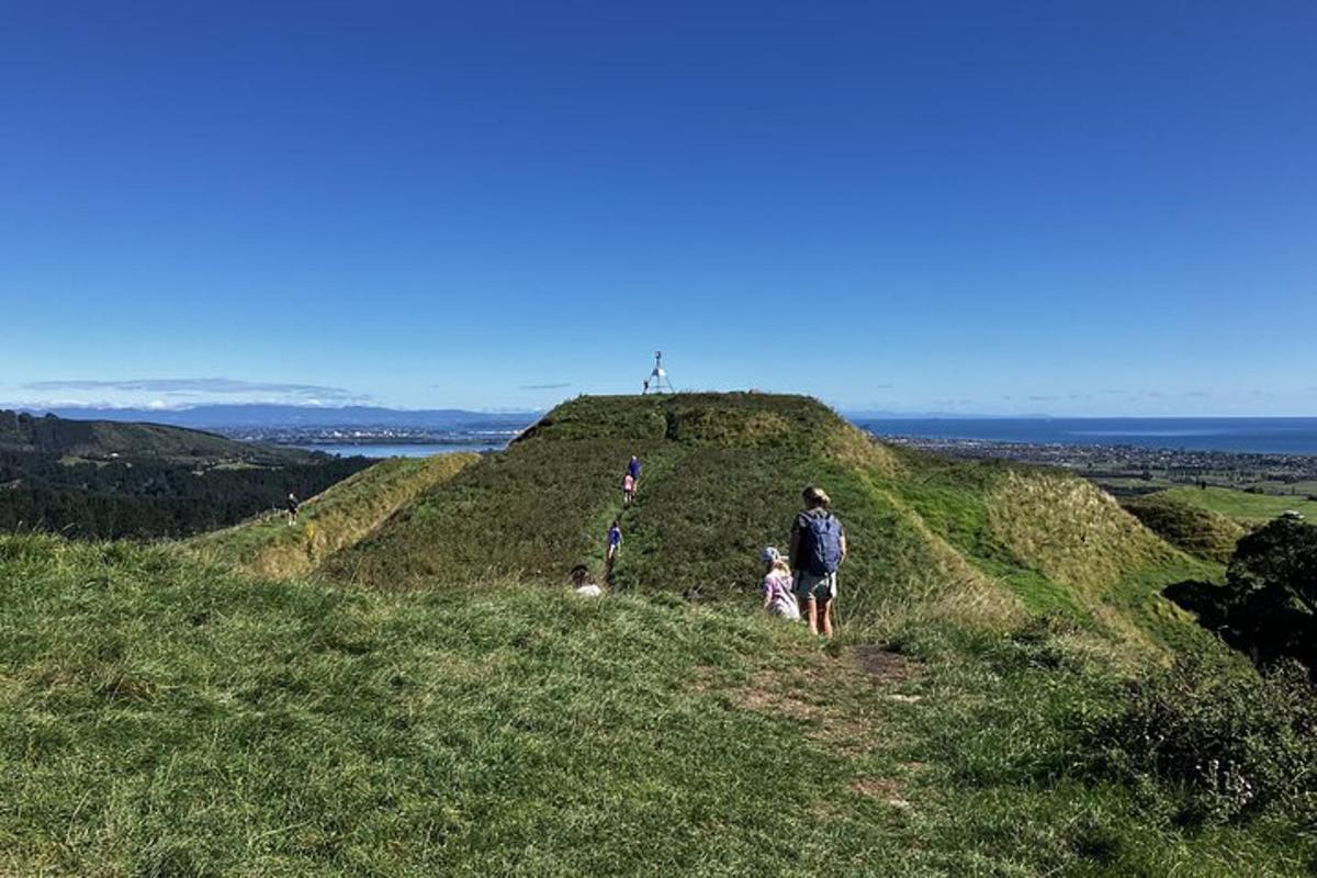 a man and two children walking on a hill