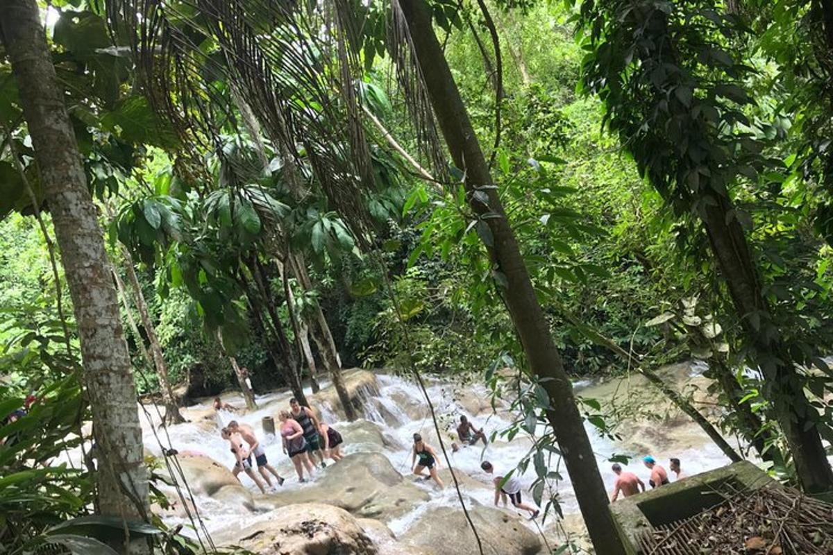 un grup de persones dempeus en una cascada a la selva