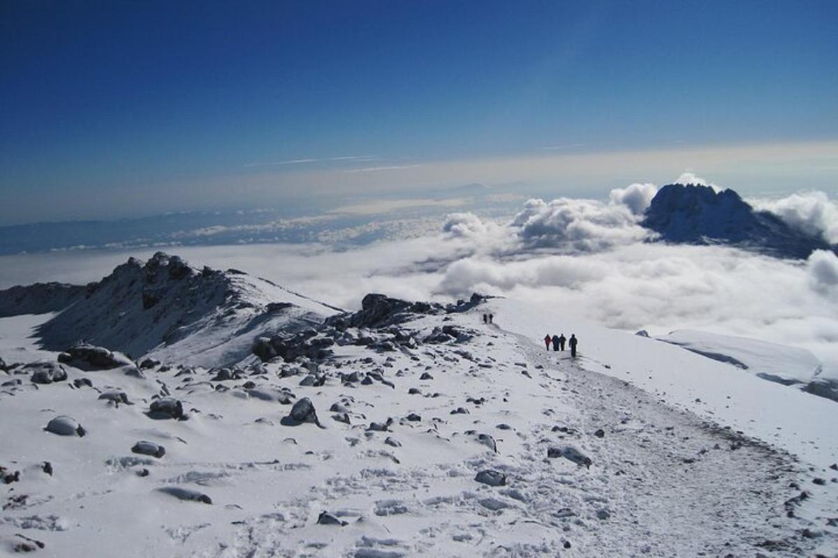 sekumpulan orang berdiri di atas gunung yang dilitupi salji