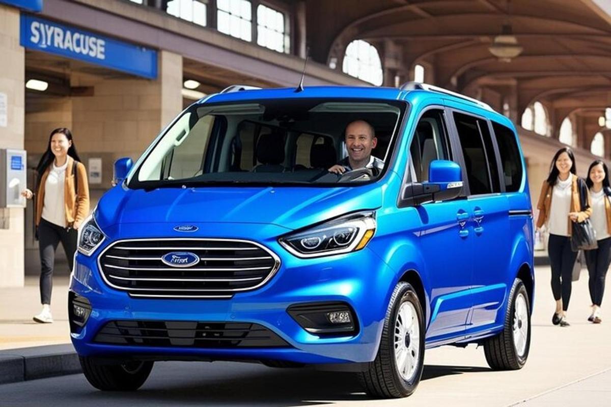 Un hombre está sentado en un coche azul.