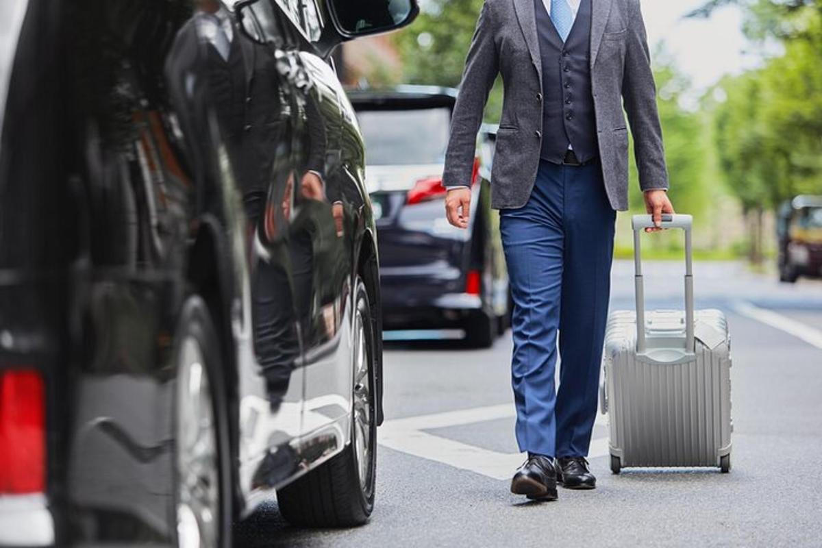 a man walking down a street with a suitcase