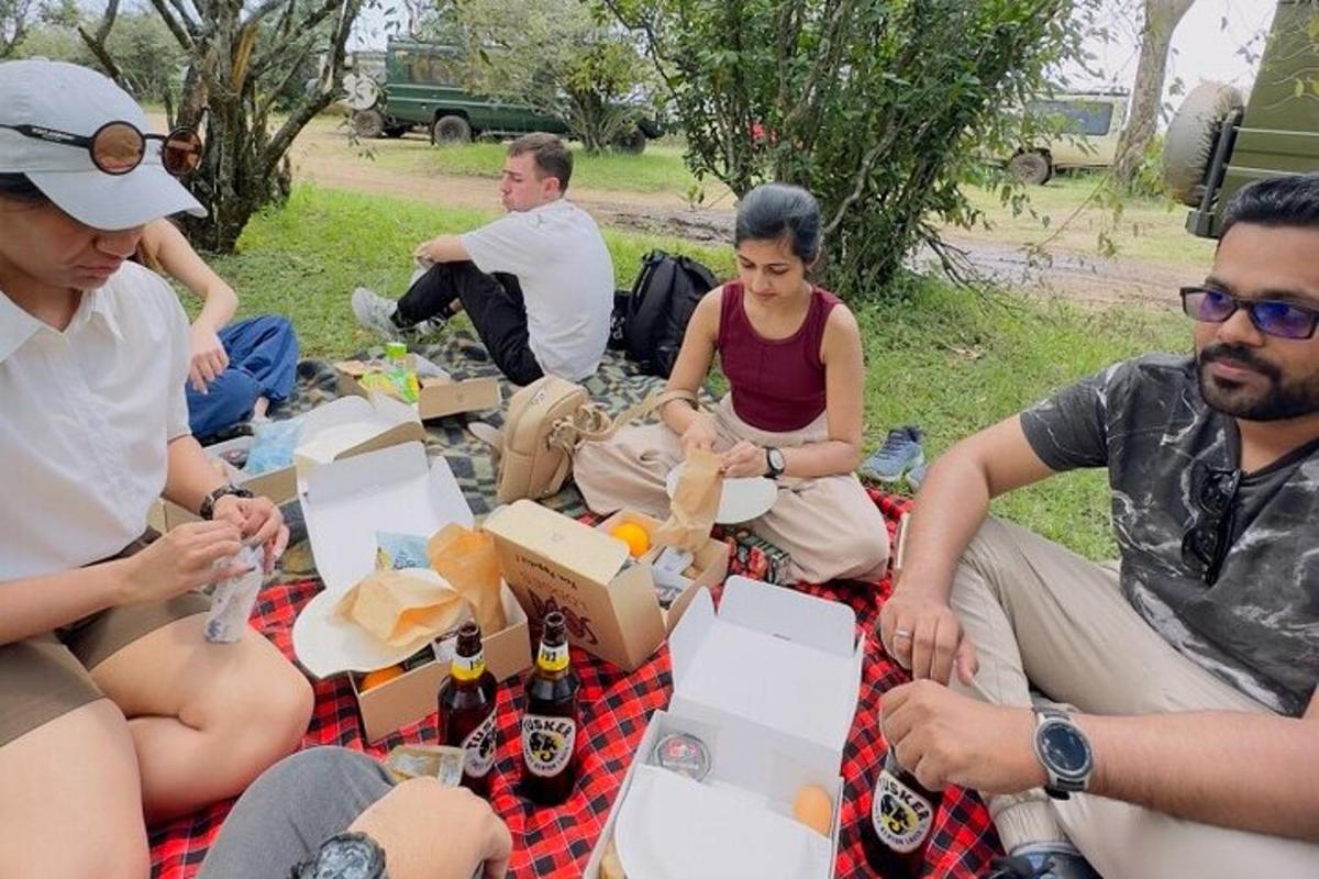 skupina lidí sedících na dece s krabicemi jídla