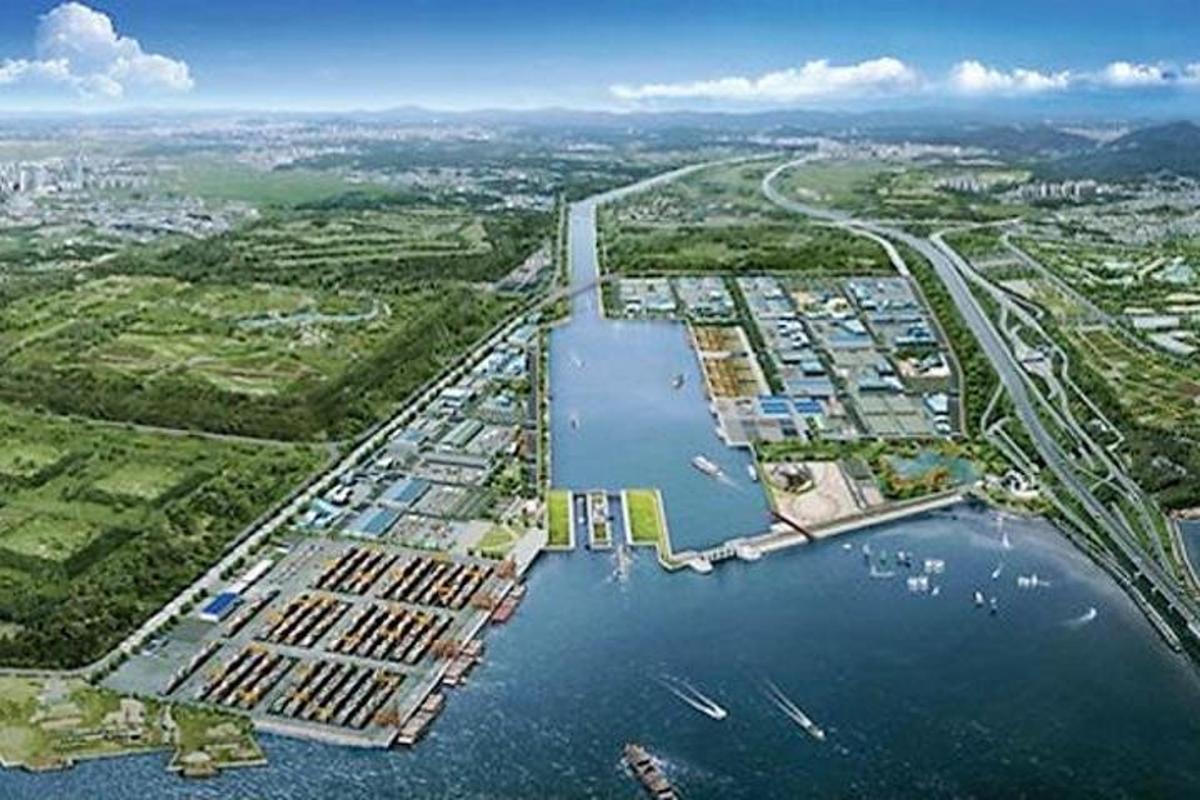 an aerial view of a harbor and a river