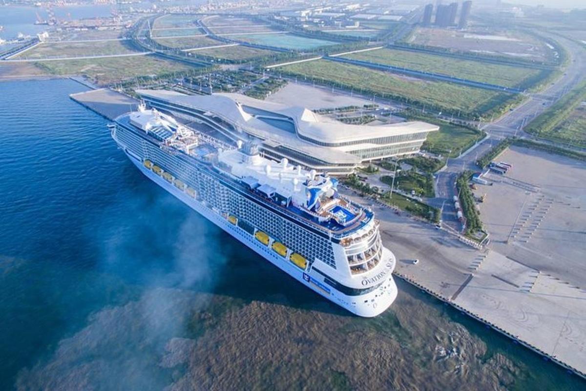 an aerial view of a cruise ship in the water