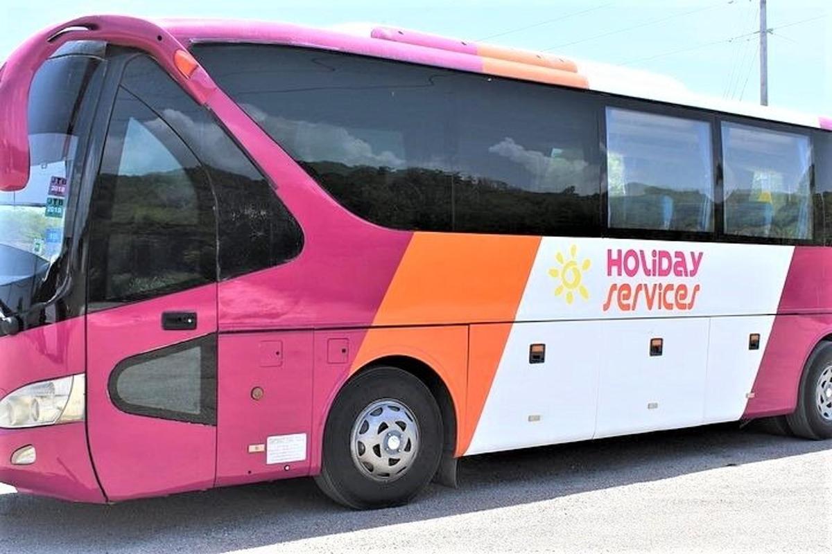 ružovo-oranžový autobus zaparkovaný na parkovisku