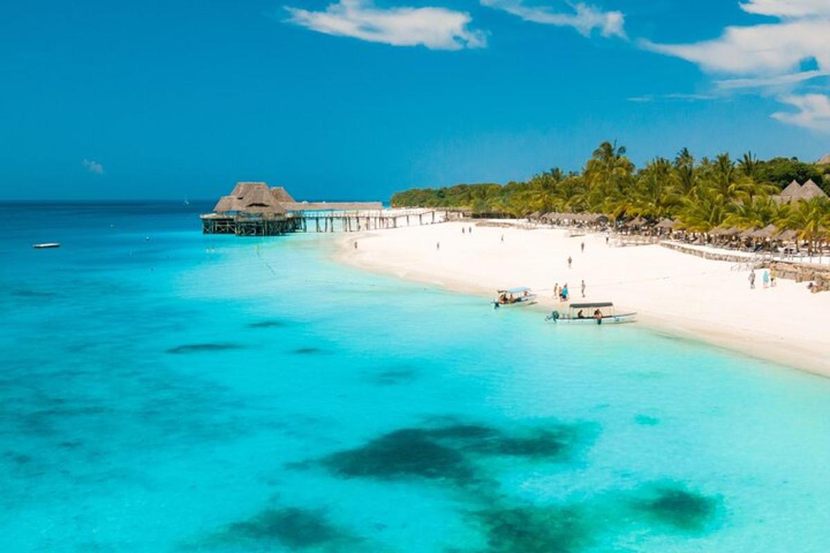 Una playa con gente y un muelle en el agua.