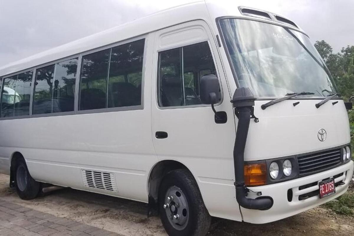 um ônibus branco estacionado na beira de uma estrada