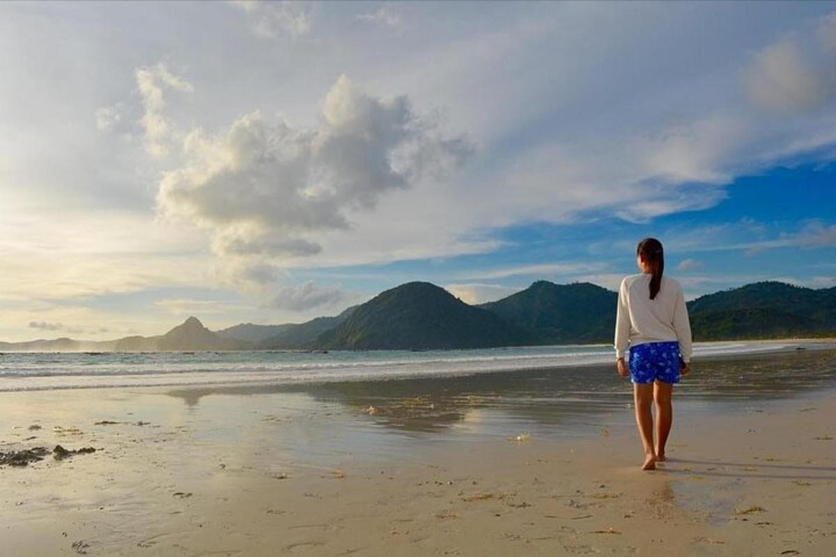一位女士站在海滩上望着大海