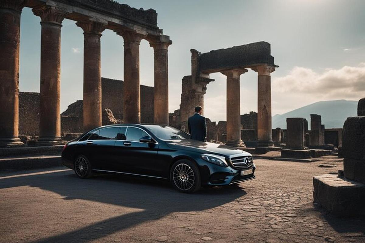 a black car parked in front of some ruins