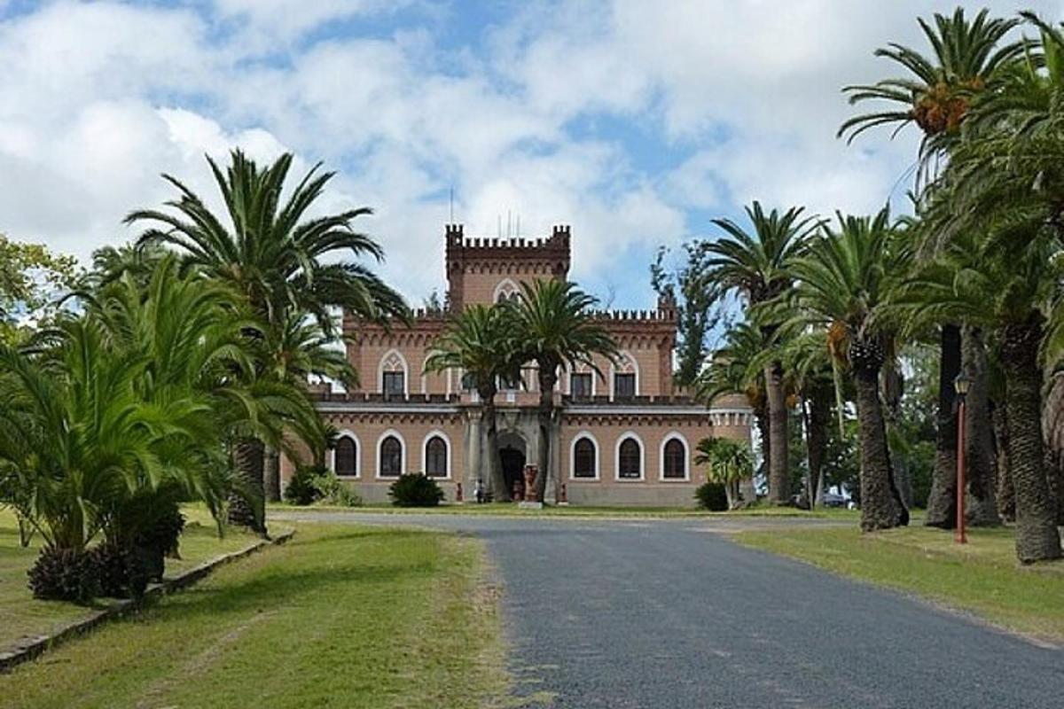 una grande casa con palme di fronte a una strada
