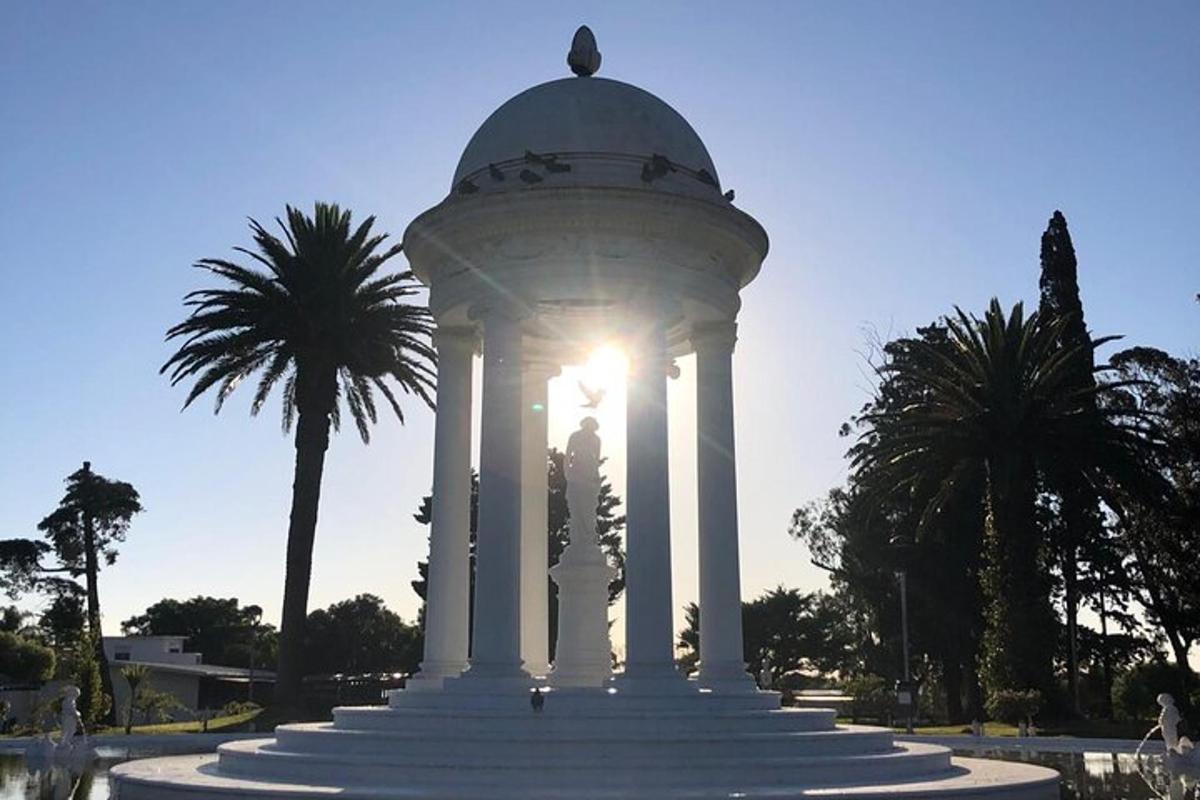 un gazebo bianco in un parco con palme