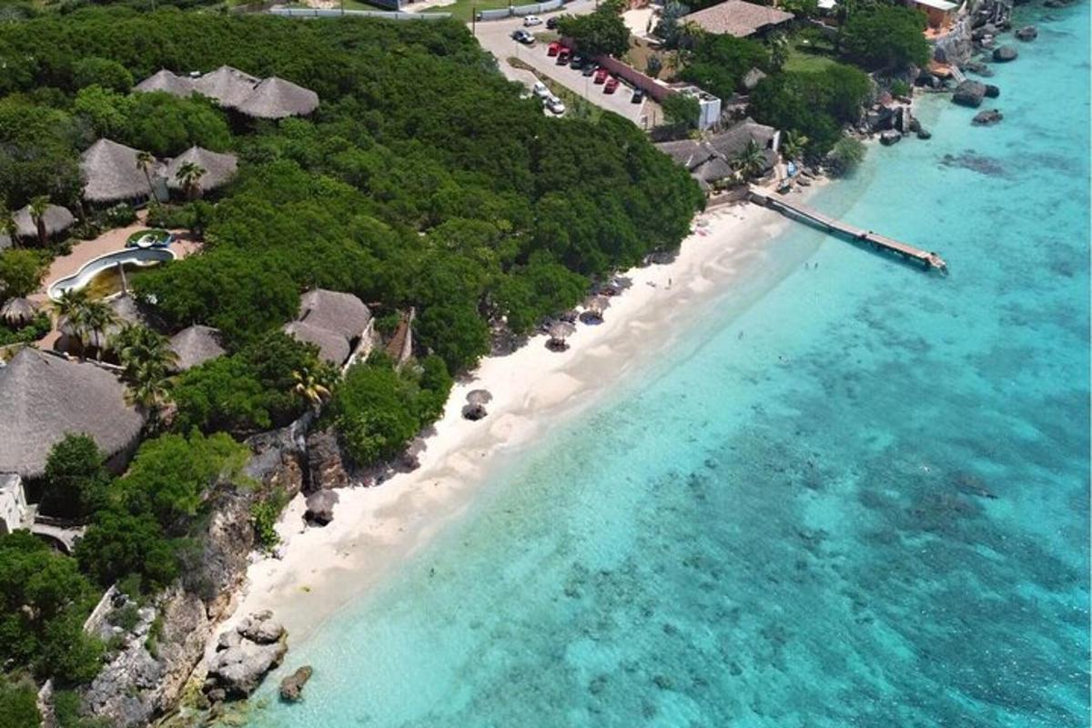 Una vista aérea de una playa con casas y el océano.