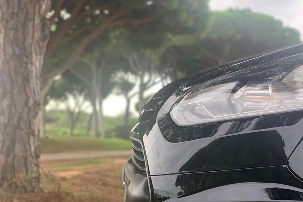 a close up of the front end of a car next to a tree