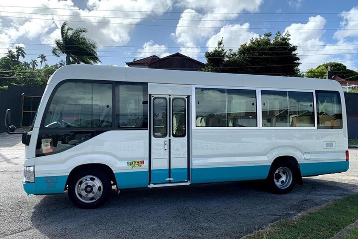 bílý a modrý autobus zaparkovaný na parkovišti
