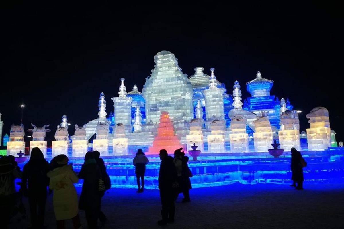 a group of people standing in front of a large ice sculpture