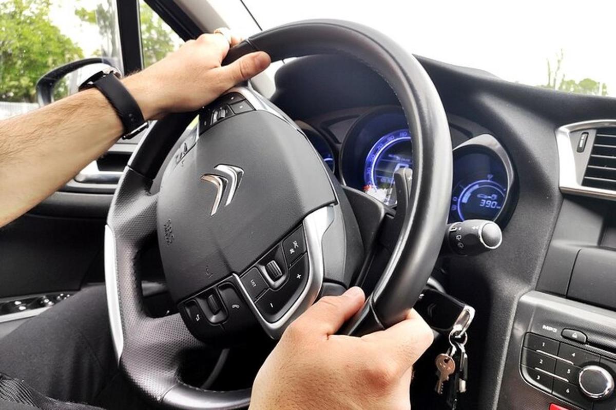 a person holding a steering wheel in a car