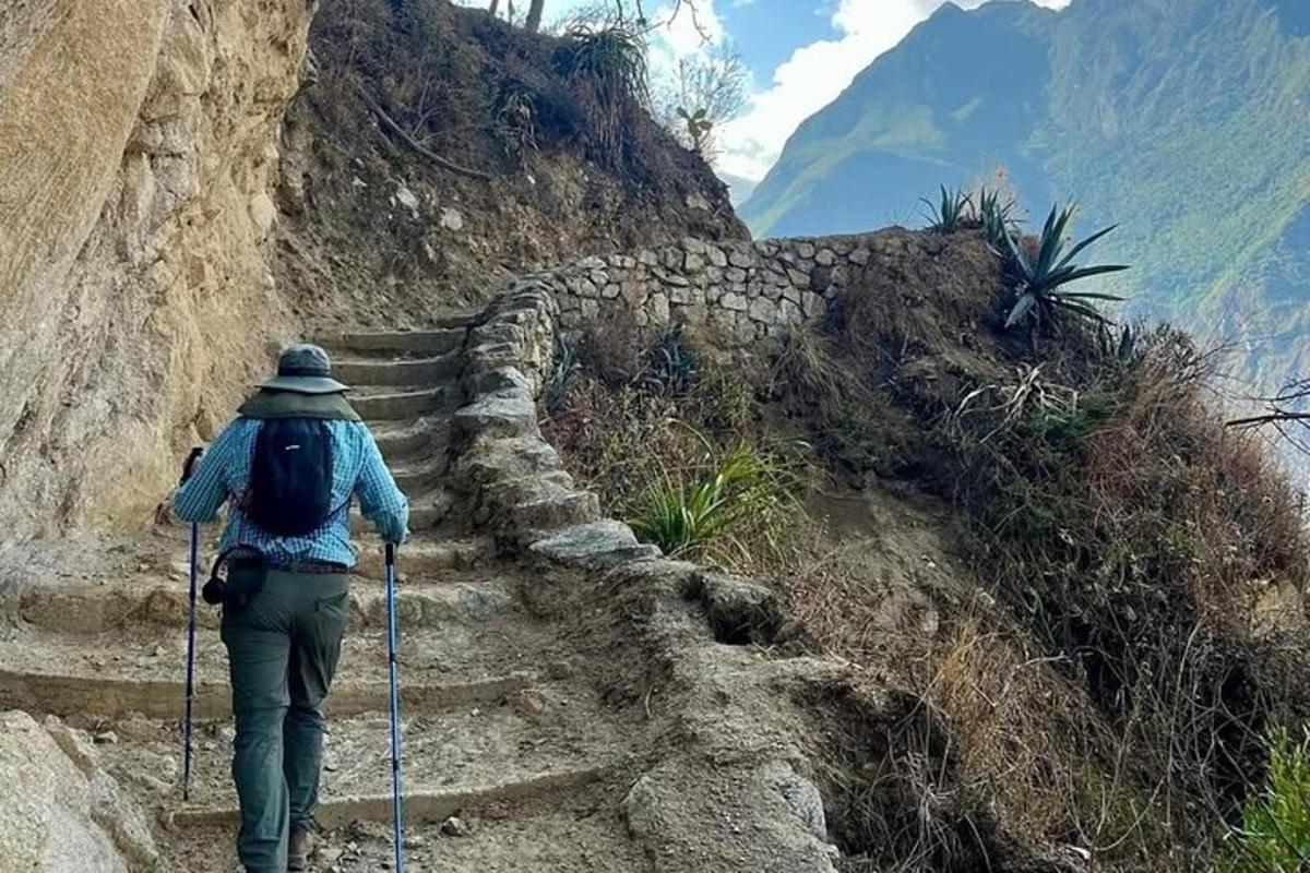 una persona que puja per un sender de muntanya costerut