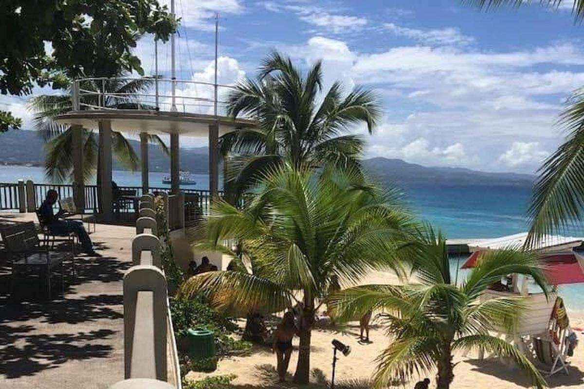 pemandangan pantai dengan pokok palma dan lautan