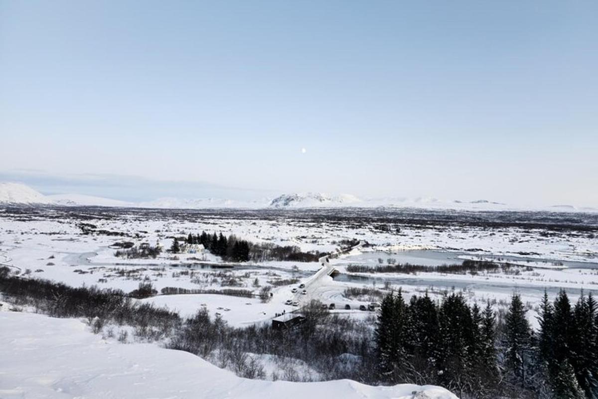 ein schneebedecktes Feld mit Bäumen und einem Fluss