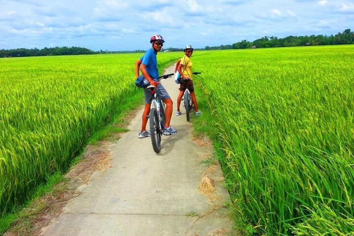 dues persones anant en bicicleta en un camp d'arròs