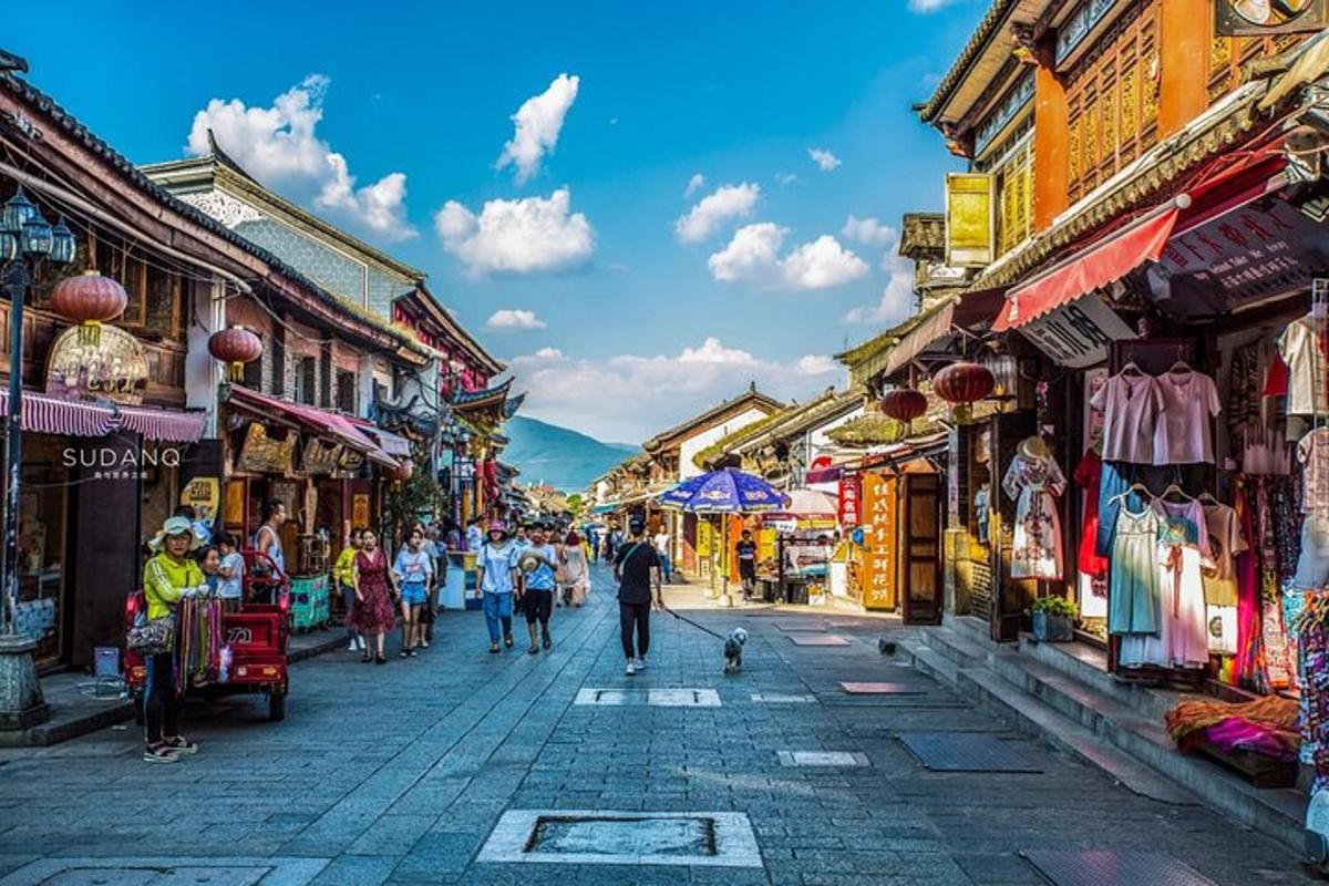a group of people walking down a street with a dog