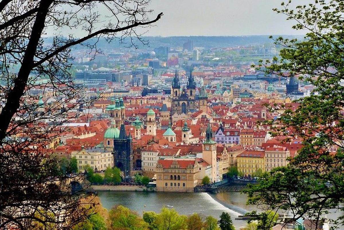 una vista di una città con un fiume e degli edifici