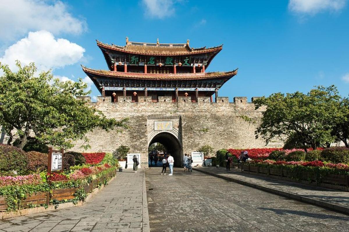 a gate to a castle with a large building