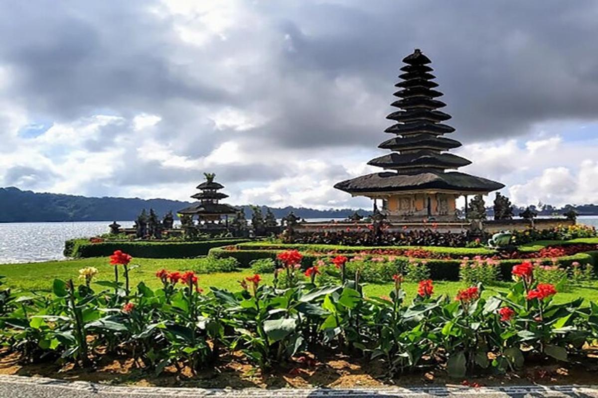 a garden with flowers and a pagoda in the background