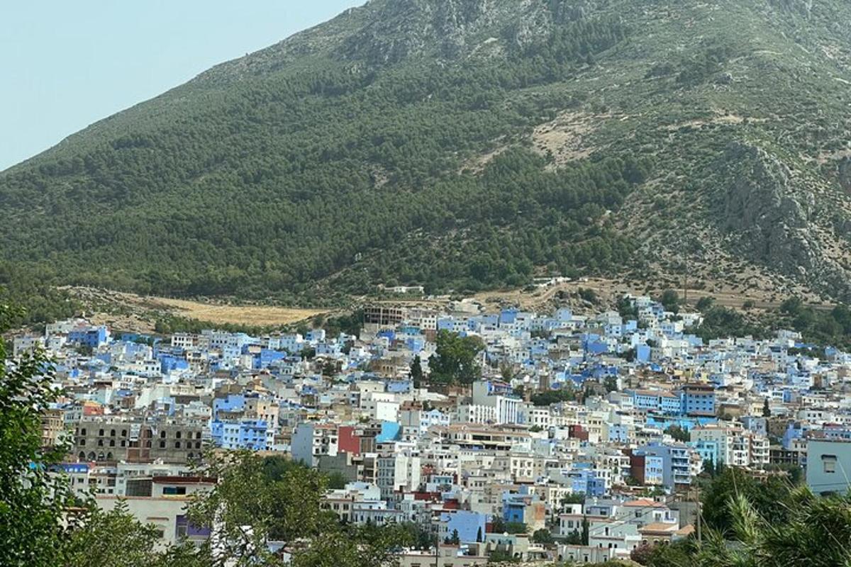 uma cidade com edifícios azuis em uma montanha