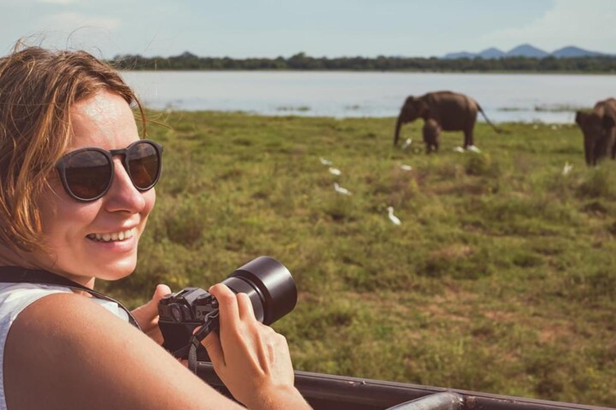 a woman taking a picture of elephants with a camera