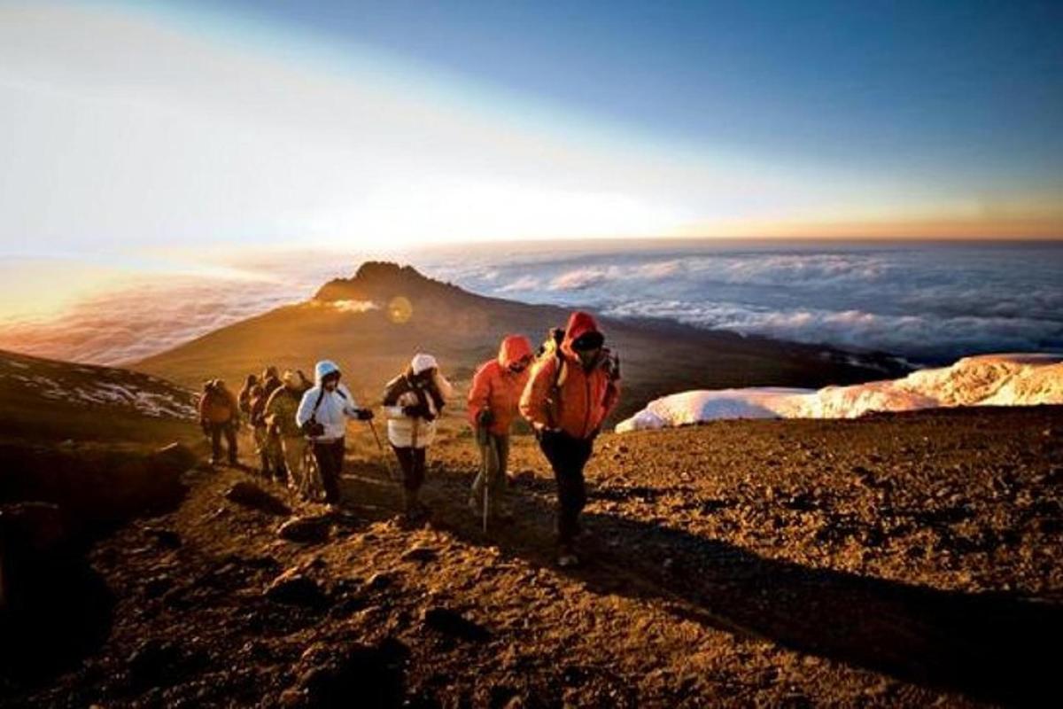 sekumpulan orang berjalan mendaki gunung