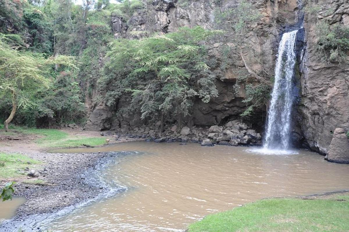 uma cachoeira na encosta de uma montanha com um corpo d'água
