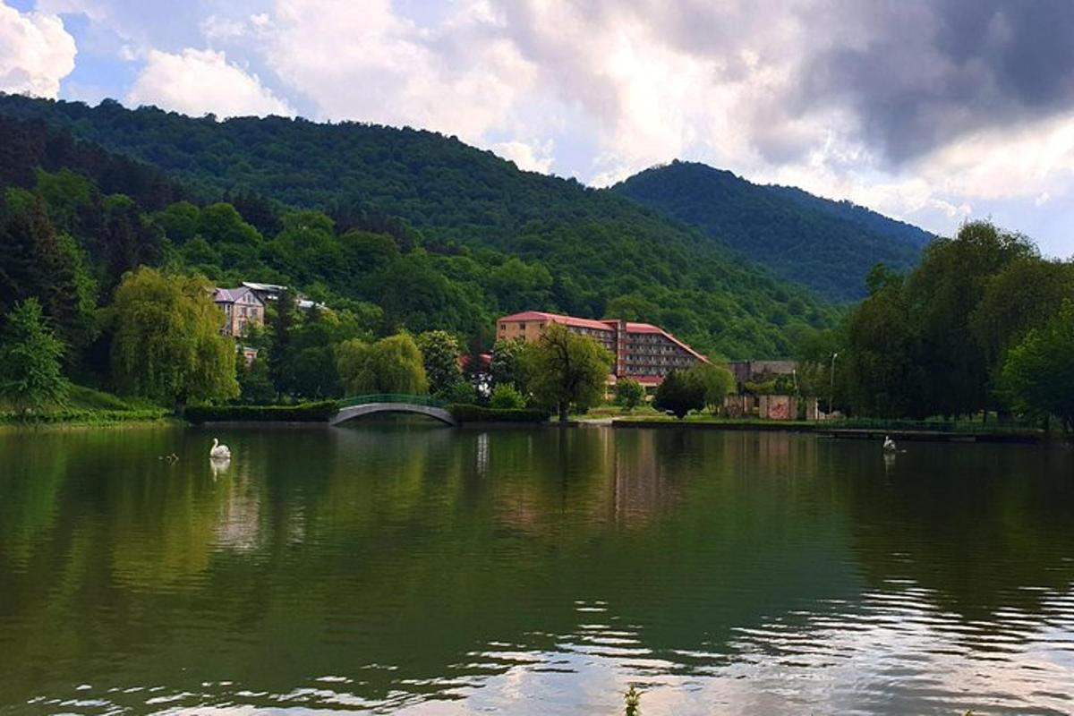 ein See mit einer Brücke und Gebäuden und einem Berg
