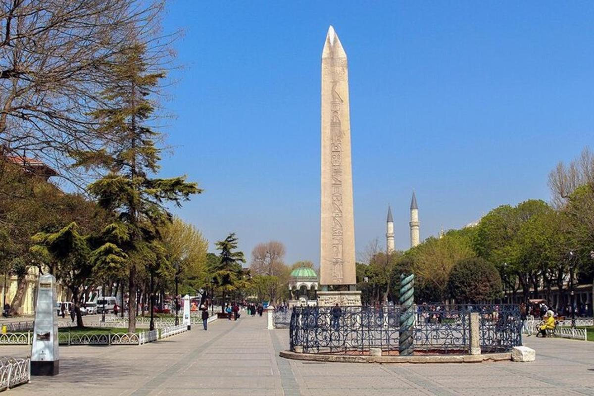 a obelisk in a park with a monument in the background