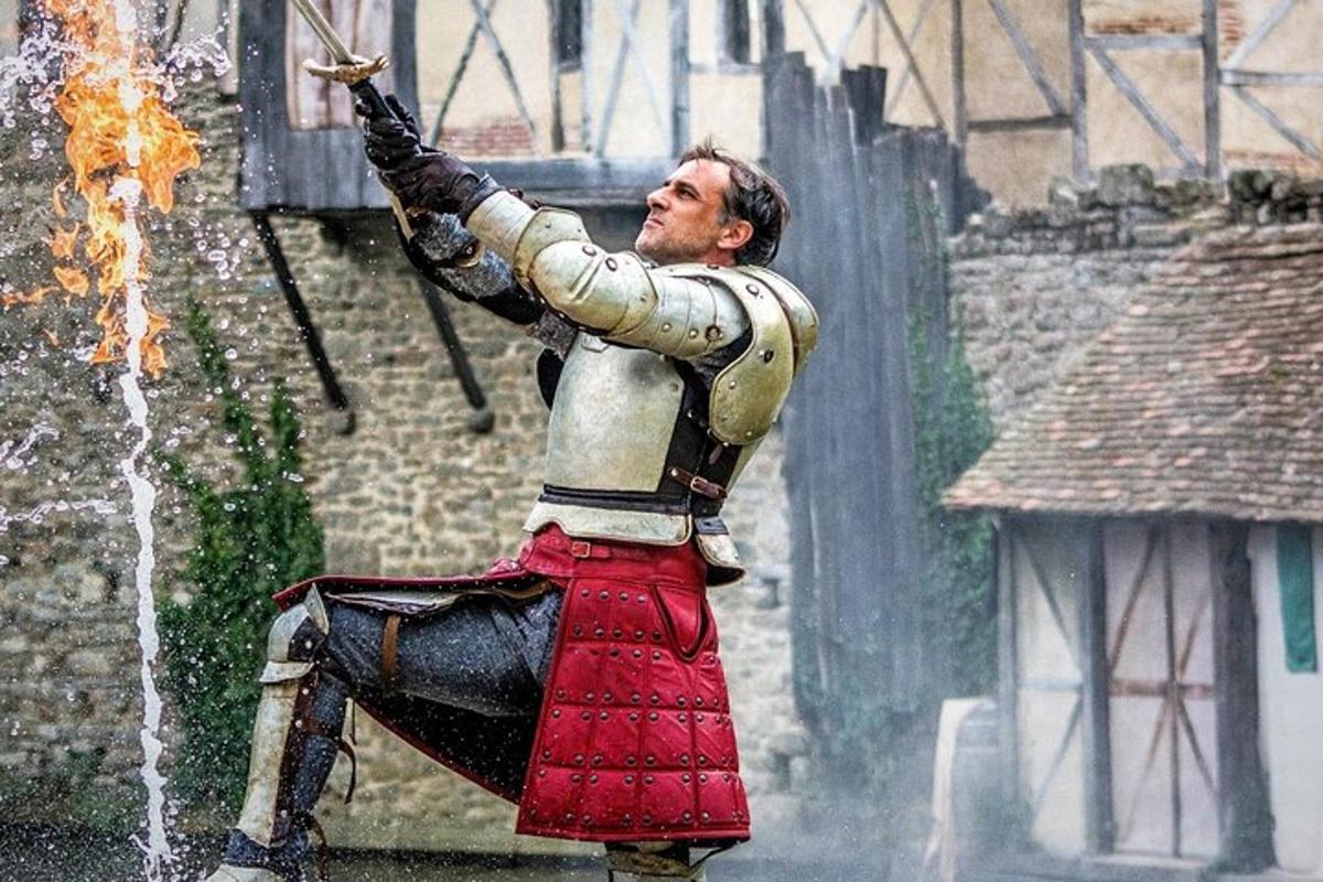 a man in armour is standing in front of a fountain