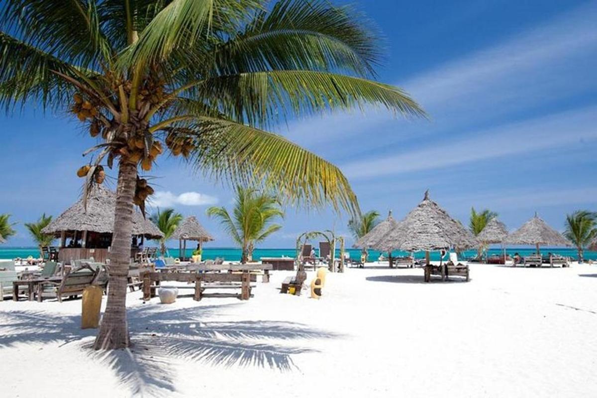 ein Strand mit Palmen, Tischen und Sonnenschirmen