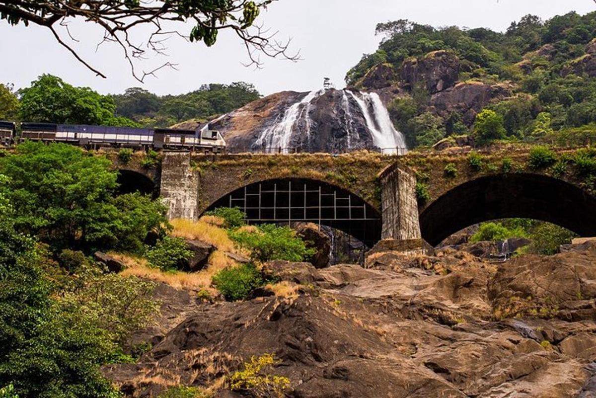 um trem passando por uma ponte com uma cachoeira