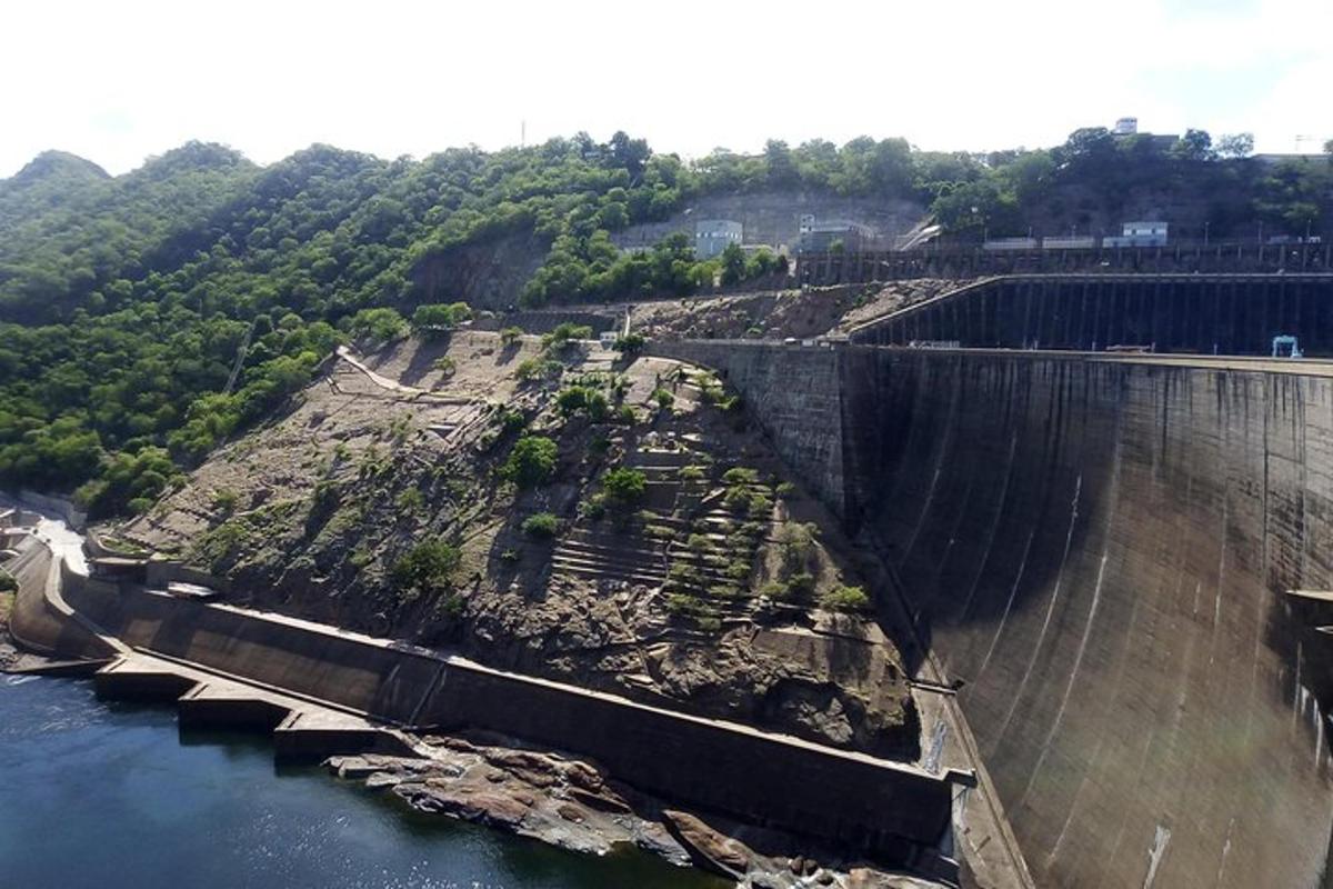 an aerial view of a dam on a river
