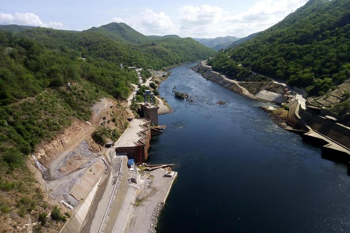 an aerial view of a dam on a river