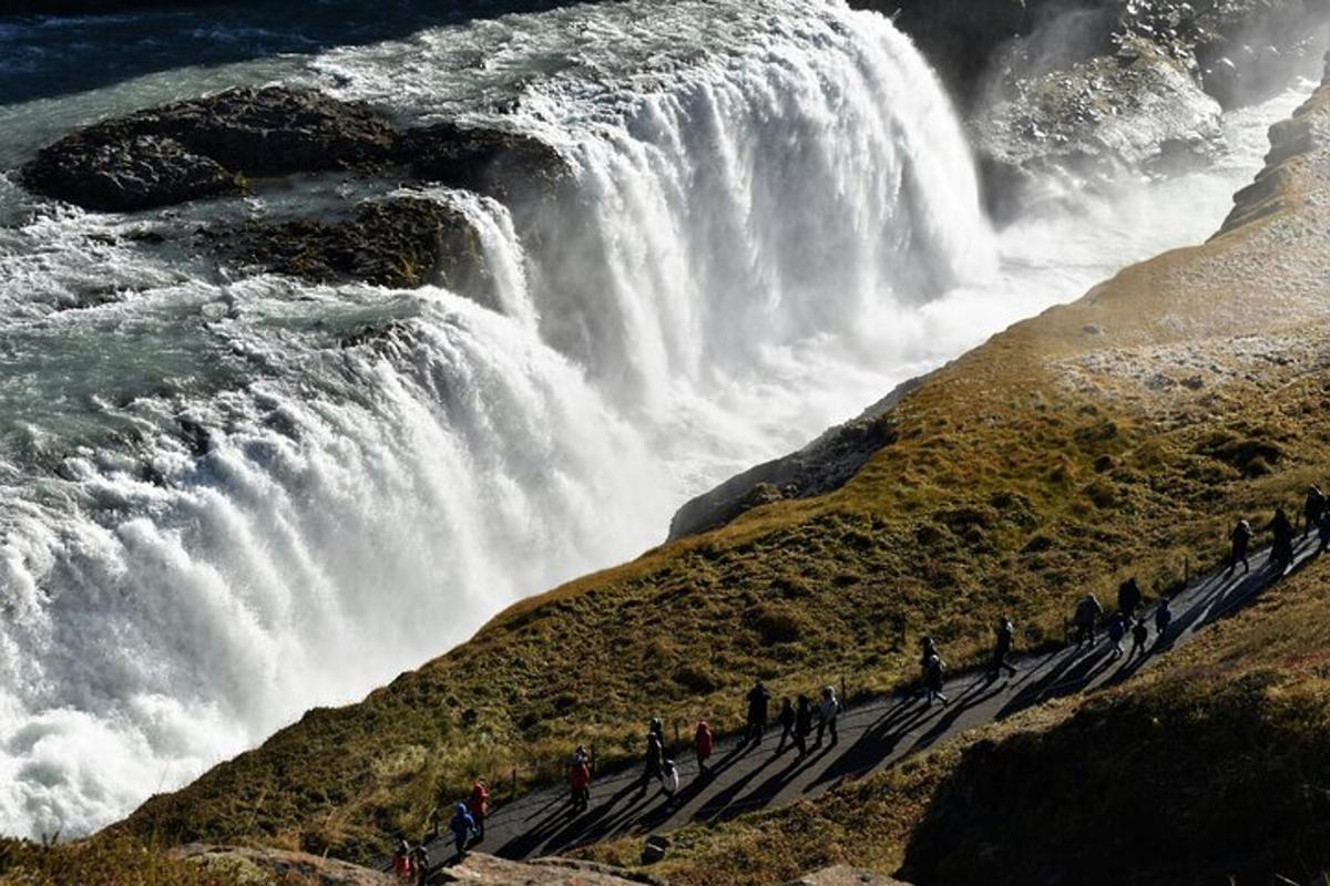 Un grupo de personas de pie frente a una cascada.
