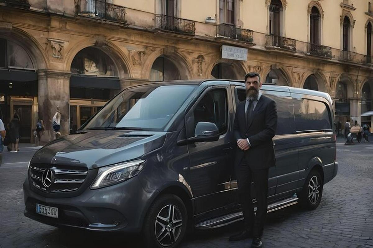 a man in a suit standing next to a van