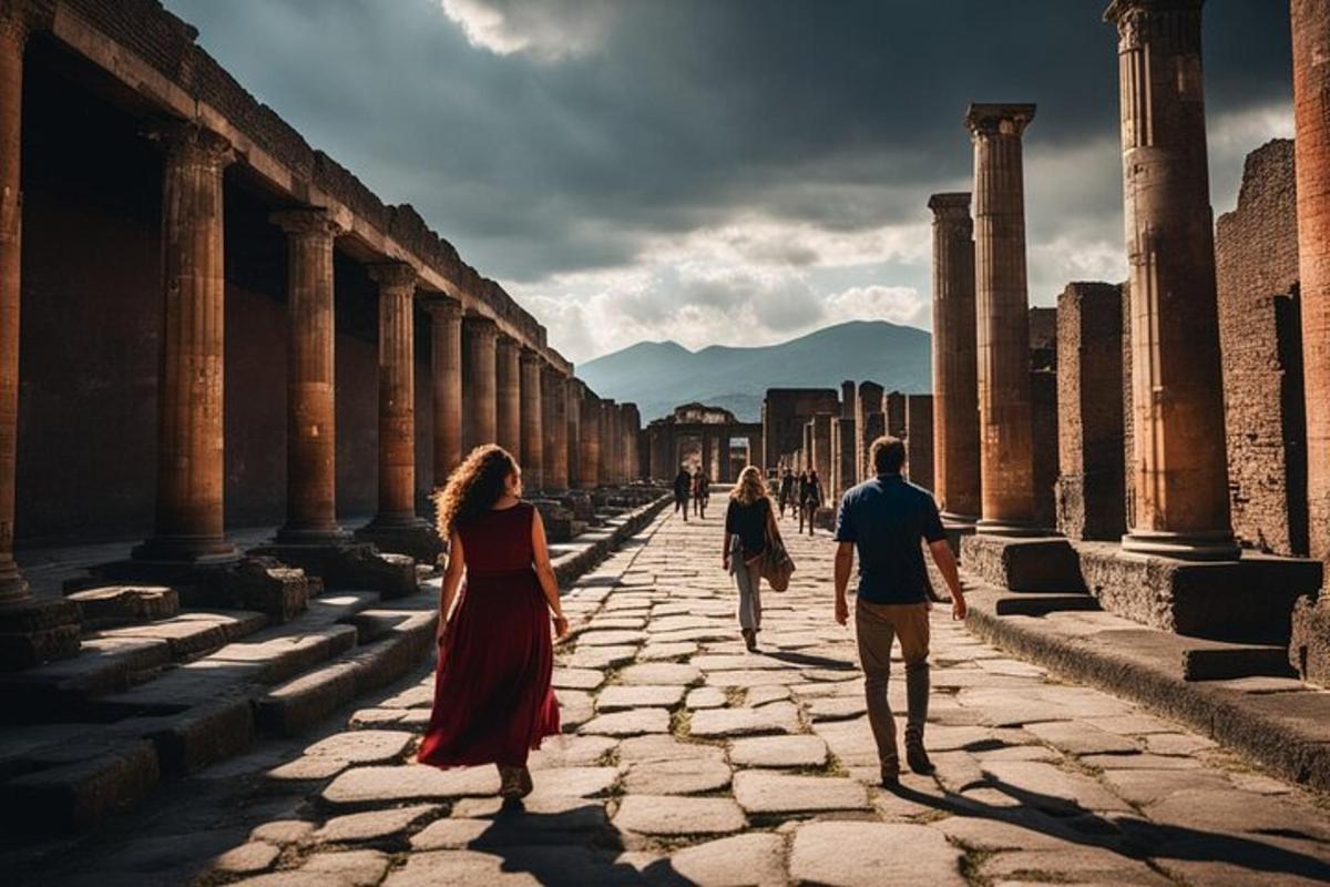 a group of people walking through the ancient ruins