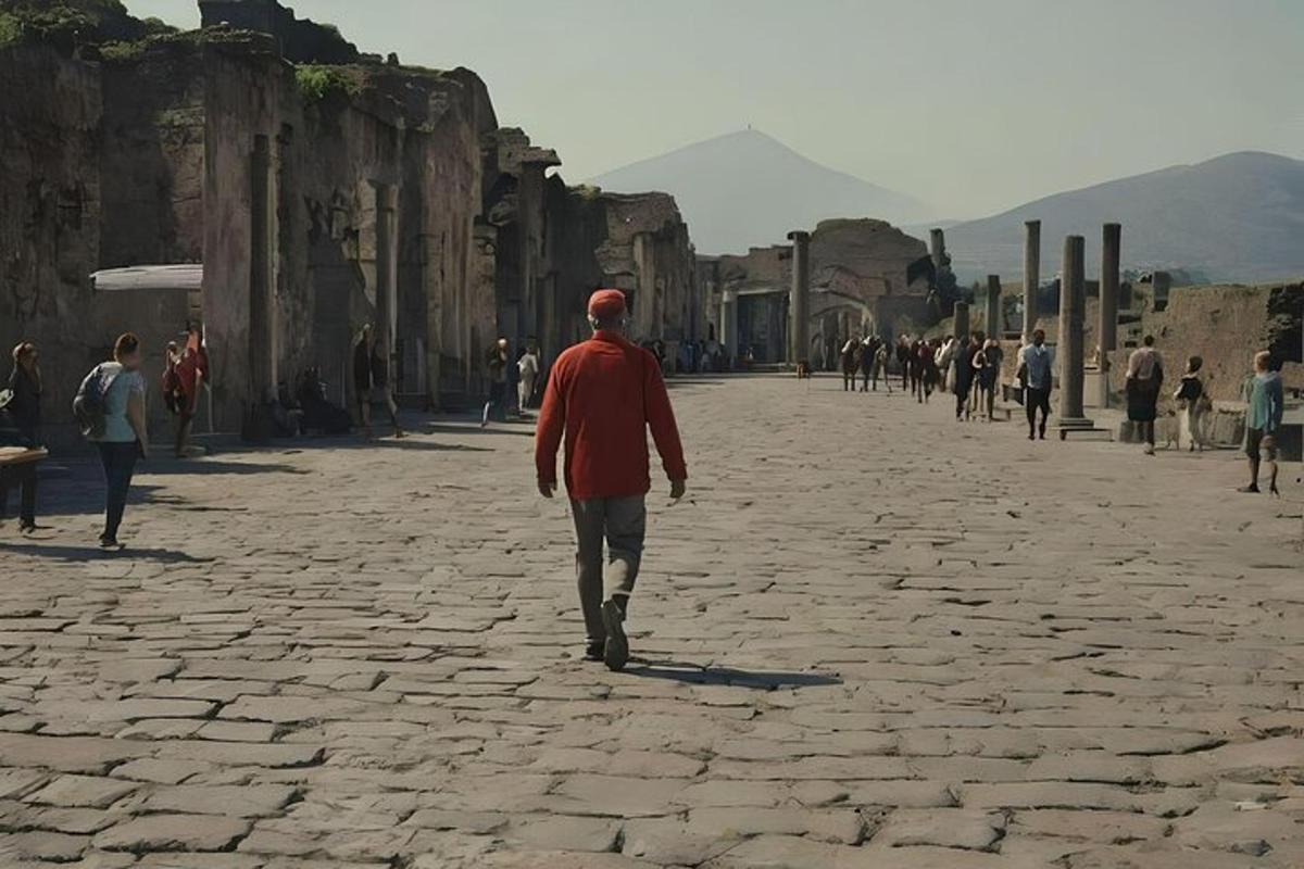 a man walking down a stone street