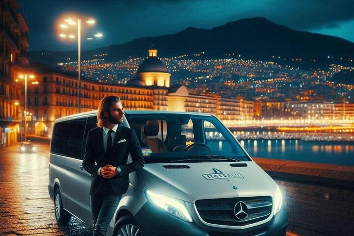 a man in a suit standing next to a white van